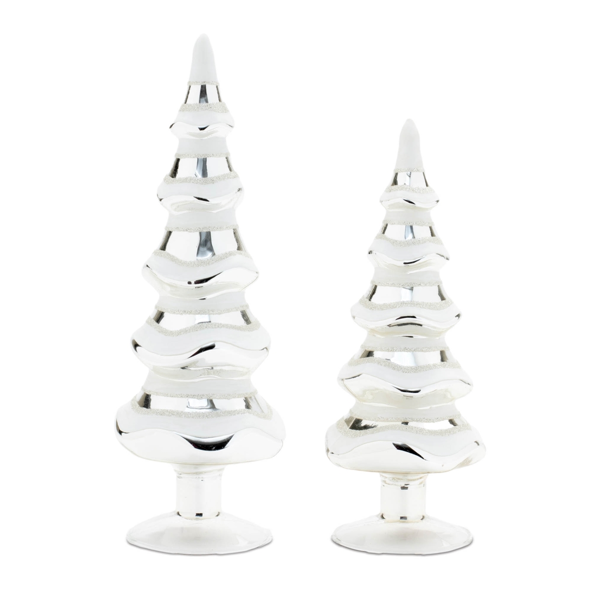 95488DS 9.5, 11.5 in. Glass Tree, Silver & White - Set of 2