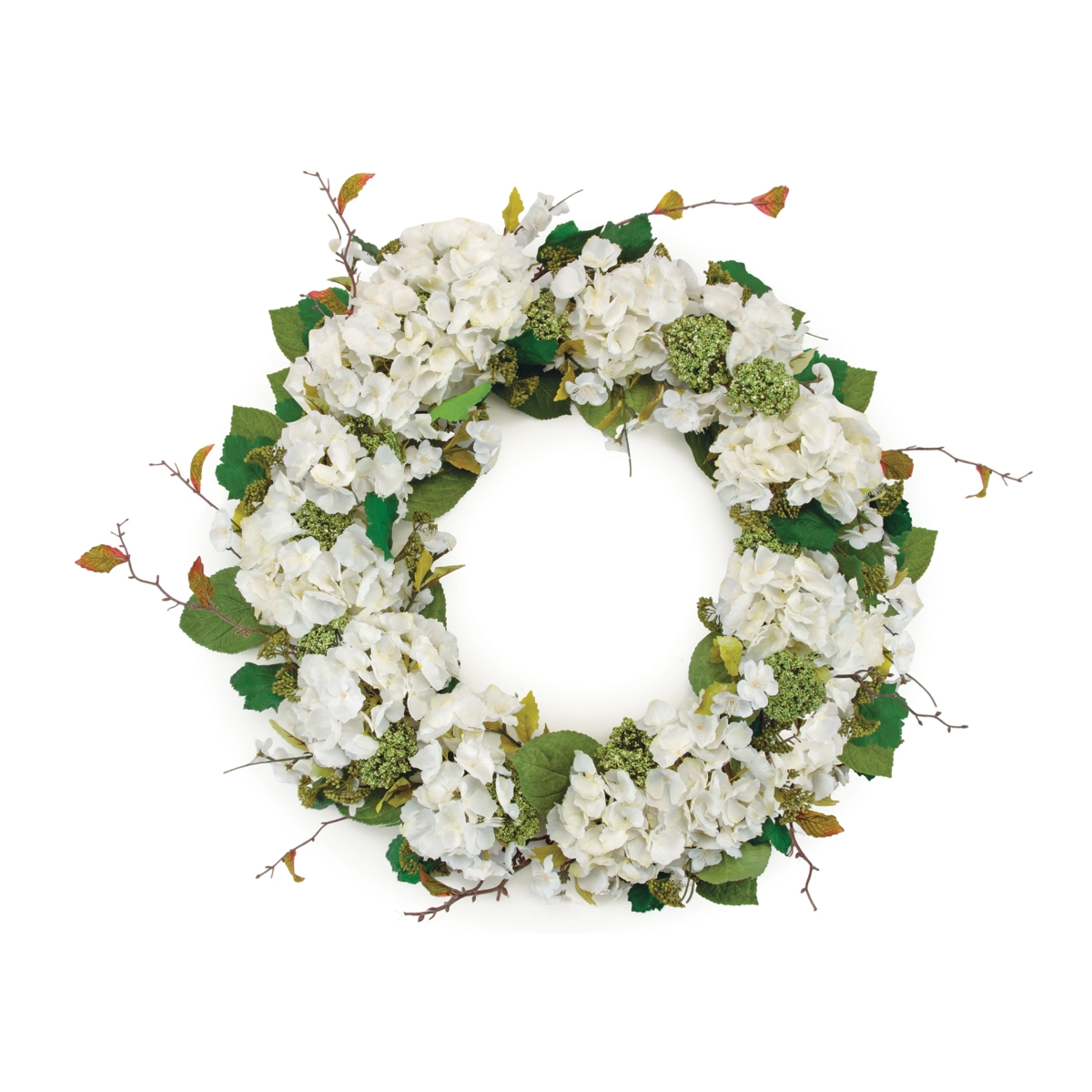 96728DS 32 in. Fabric Hydrangea Wreath, White & Green
