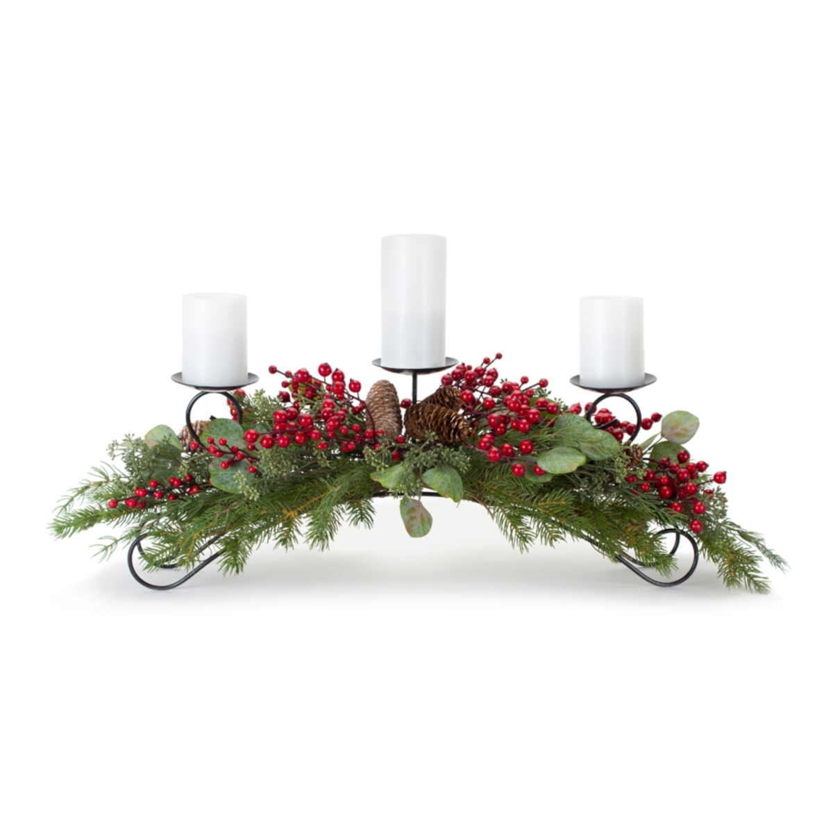 Picture of Melrose International 77349DS 33 x 10.5 in. Polyester & Foam Pine Berry Eucalyptus Centerpiece - Green & Red