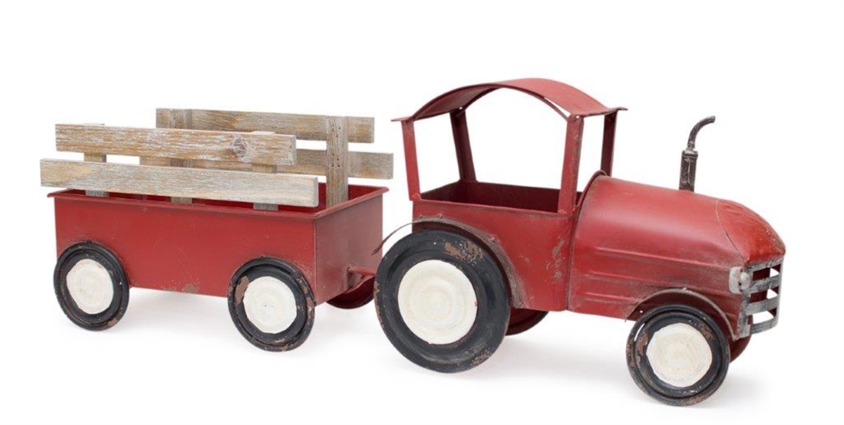 Picture of Melrose International 82258 27.5 x 10.25 in. Tractor with Wagon&#44; Red&#44; Black & Brown