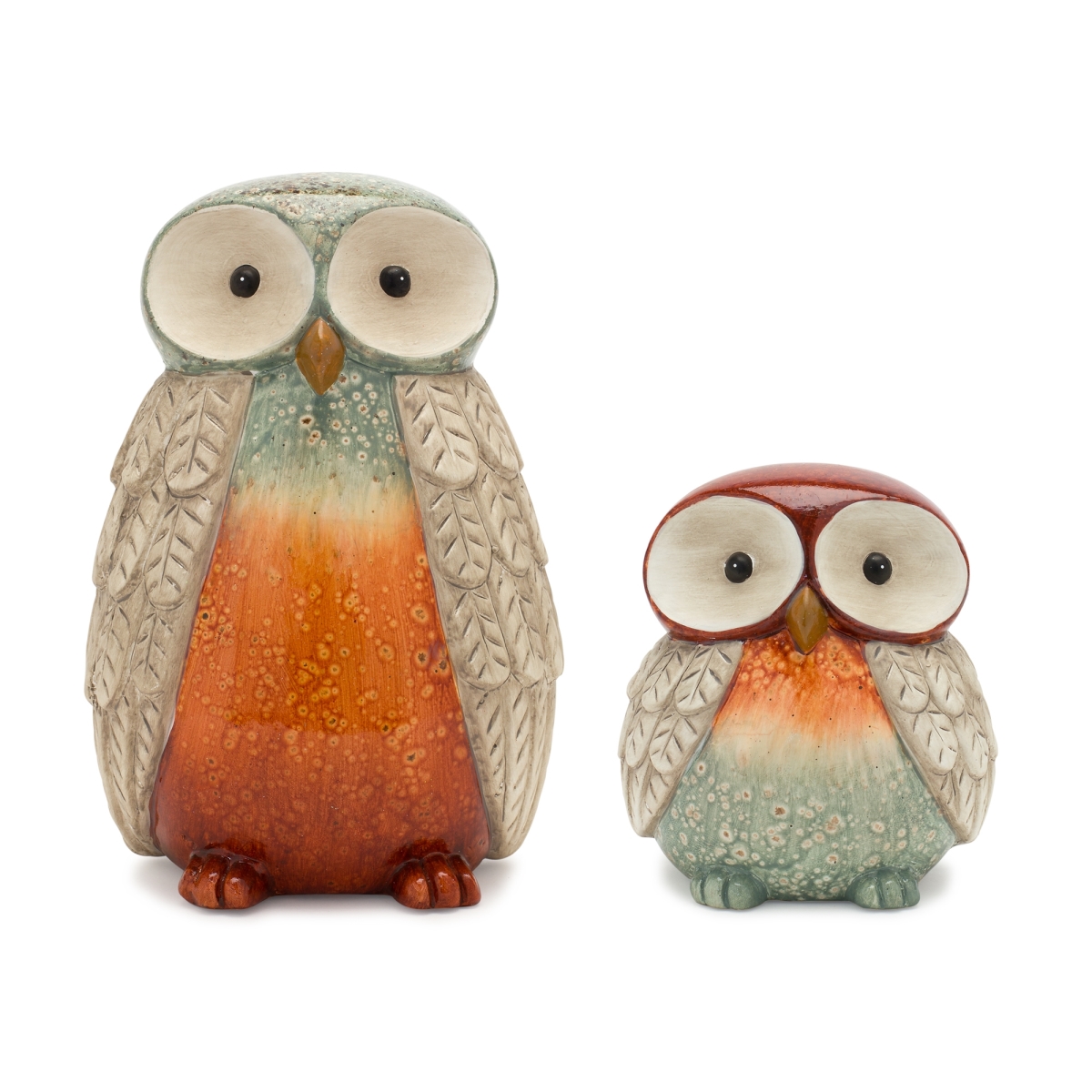 Terra Cotta Owl Decor - Orange & Green - Set of 2 - Whimsical Design