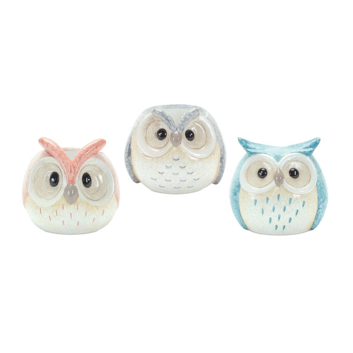 Terra Cotta Owl Statues - Blue - Set of 3 - Whimsical Garden Decor
