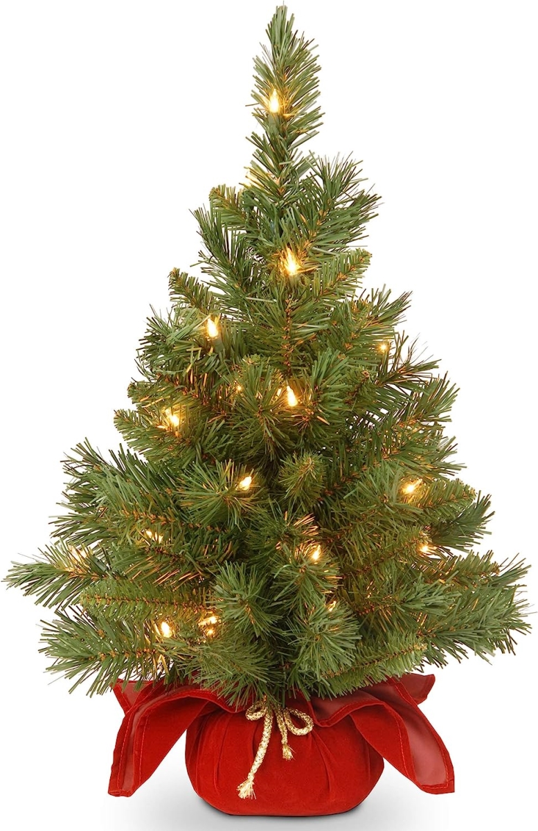 Picture of 212 Main 212MSTW Majestic Spruce 2 FT Christmas Tree in Burgundy Cloth Bag with 35 Warm White Battery Operated Operated LED Lights