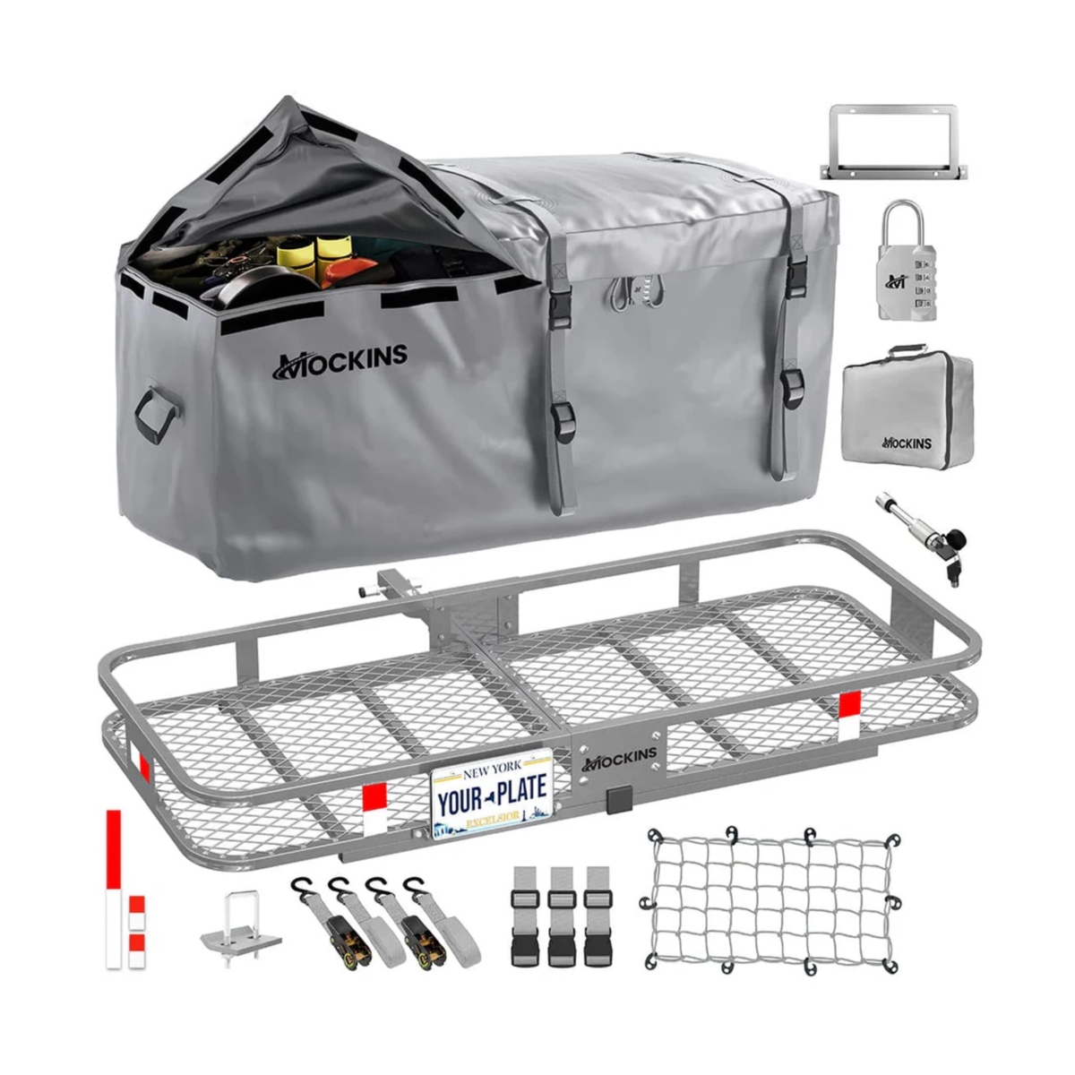 Picture of Mockins  MA-HC-60X20-16GRY-58  Mockins MA-HC-60X20-16GRY-58 Hitch Mount Grey Cargo Carrier with Cargo Bag & Net