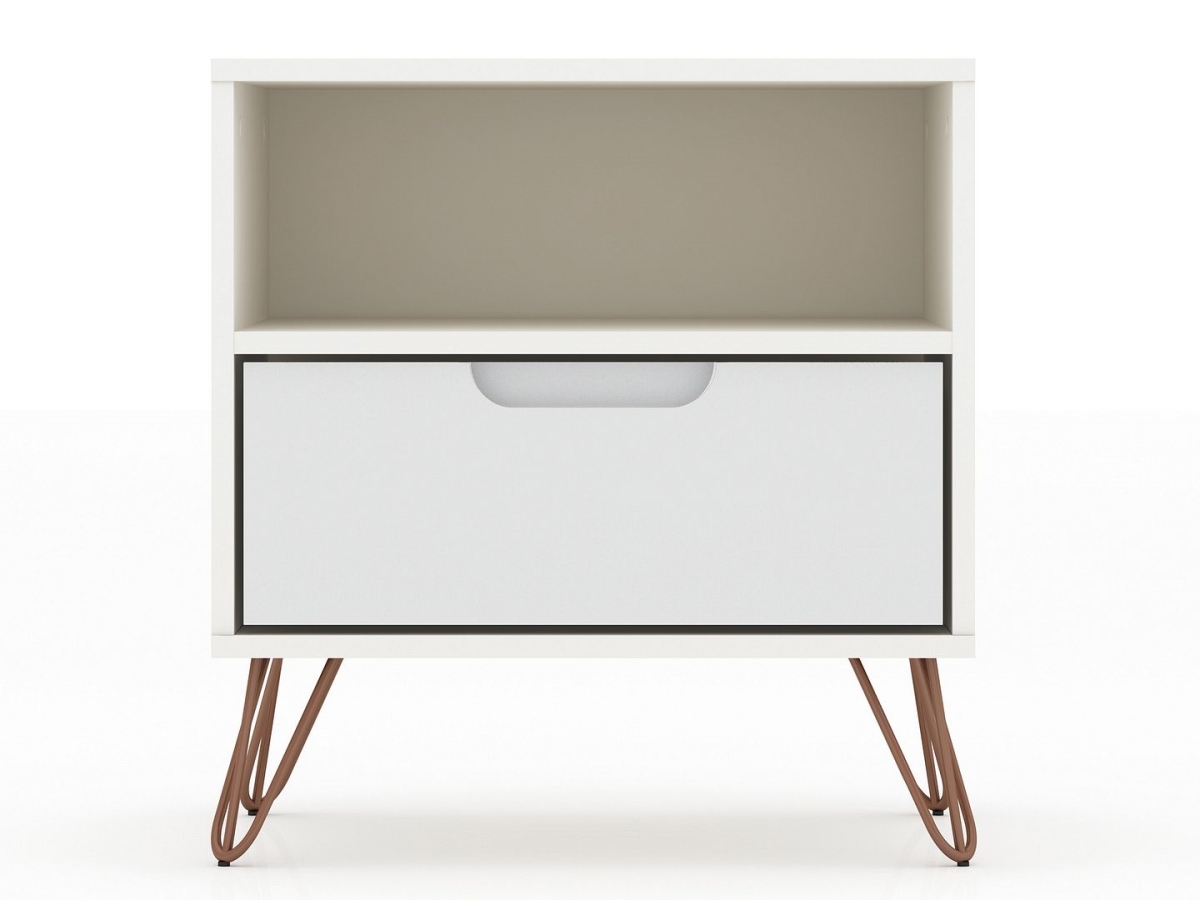 Rockefeller 1.0 Mid-Century- Modern Nightstand with 1-Drawer in White, 21.65 x 20.08 x 17.62 in.