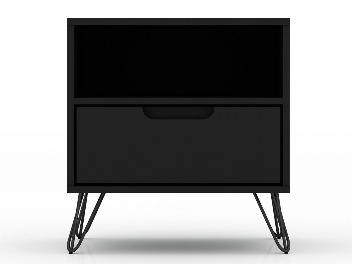Rockefeller 1.0 Mid-Century- Modern Nightstand with 1-Drawer in Black, 21.65 x 20.08 x 17.62 in.