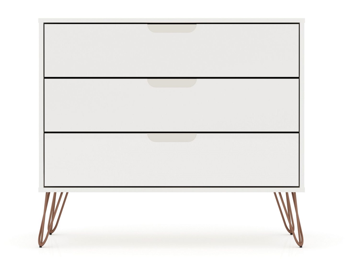 103GMC1 Rockefeller Mid-Century-Modern Dresser with 3- Drawers in White, 28.86 x 35.24 x 17.52 in -  Manhattan Comfort