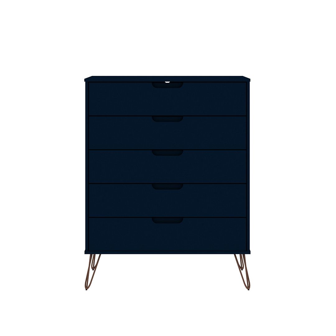 154GMC4 Rockefeller 5-Drawer Tall Dresser with Metal Legs in Tatiana Midnight Blue, 44.57 x 35.31 x 21.57 in -  Manhattan Comfort