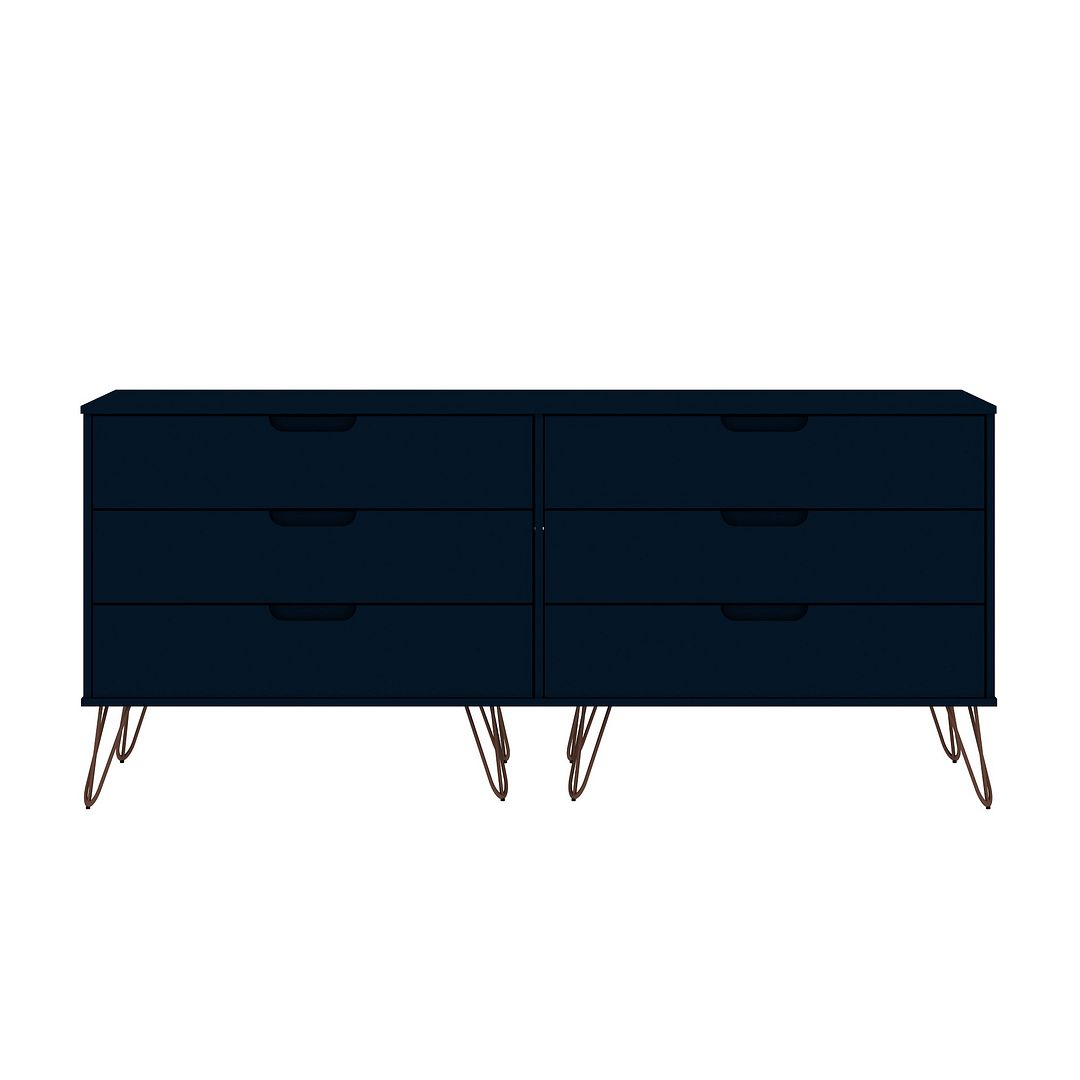 155GMC4 Rockefeller 6-Drawer Double Low Dresser with Metal Legs in Tatiana Midnight Blue, 30.24 x 69.72 x 19.02 in -  Manhattan Comfort