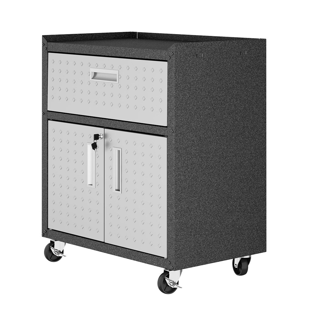2GMCC Fortress Textured Metal Garage Mobile Cabinet with 1 Full Extension Drawer & 2 Adjustable Shelves in Grey, 31.5 x 30.3 x 18.2 in.