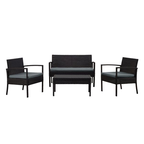 Noli Steel Rattan Patio Conversation Set with Cushions, Black & Gray - 4 Piece