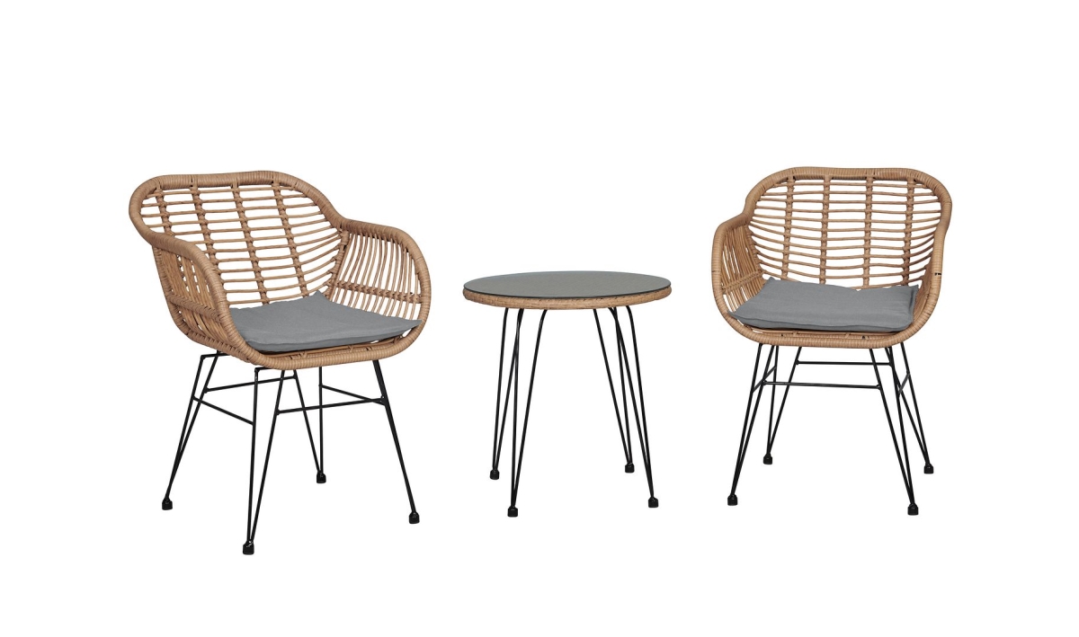 OD-CV010-GY 21.26 x 20.47 in. Dia. Antibes 1.0 Steel Rattan Patio Conversation Set with Cushion, Grey - 3 Piece