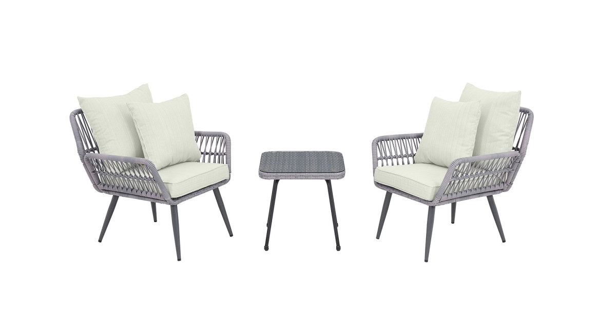 Cannes Rope Wicker Patio Conversation Set with Cushion, Cream - 3 Piece