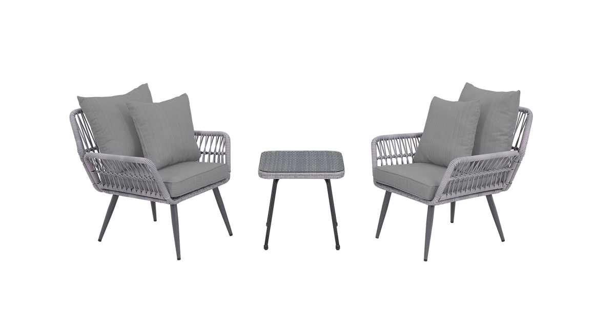 OD-CV012-GY Cannes Rope Wicker Patio Conversation Set with Cushion, Grey - 3 Piece