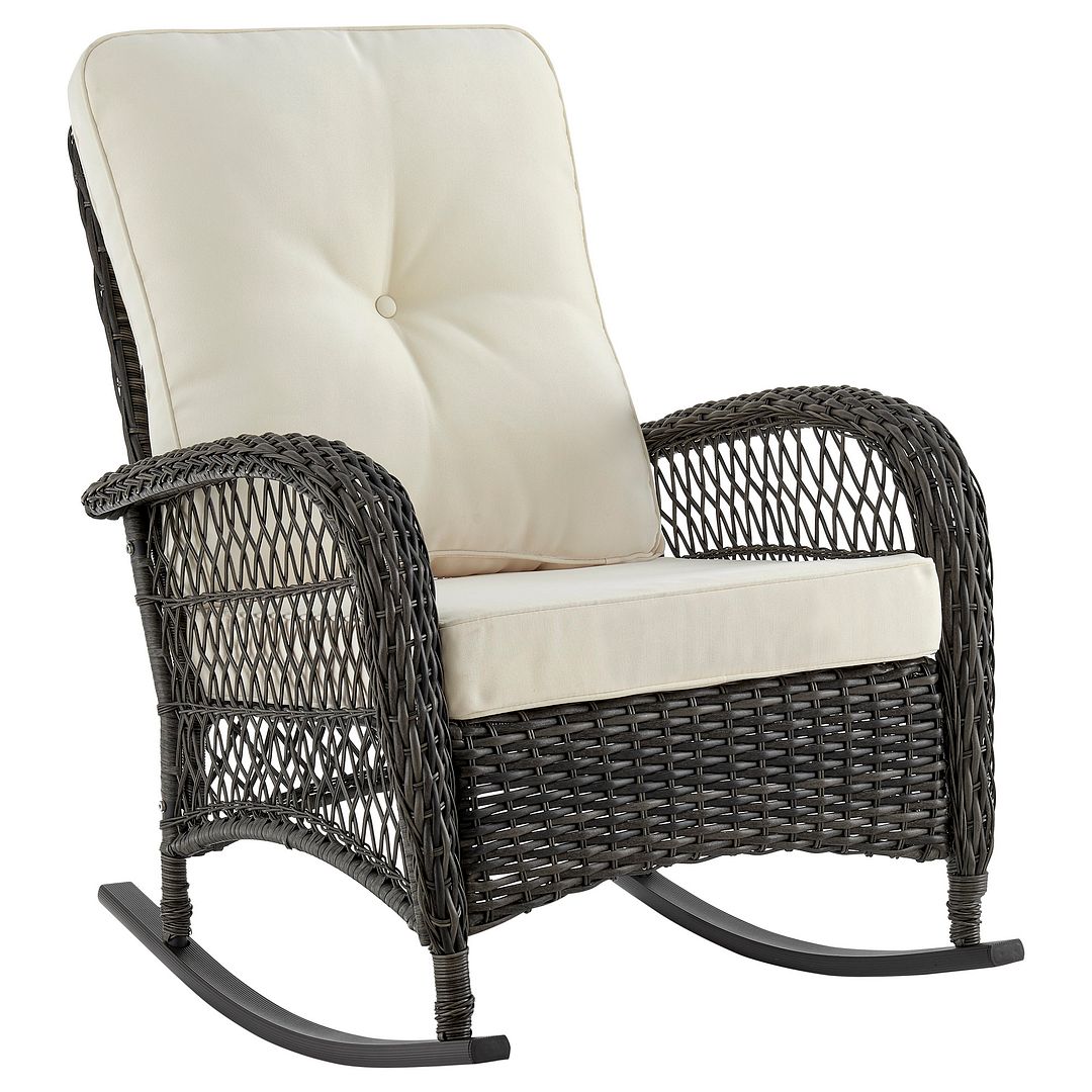 Furttuo Steel Rattan Outdoor Rocking Chair with Cushion, Cream