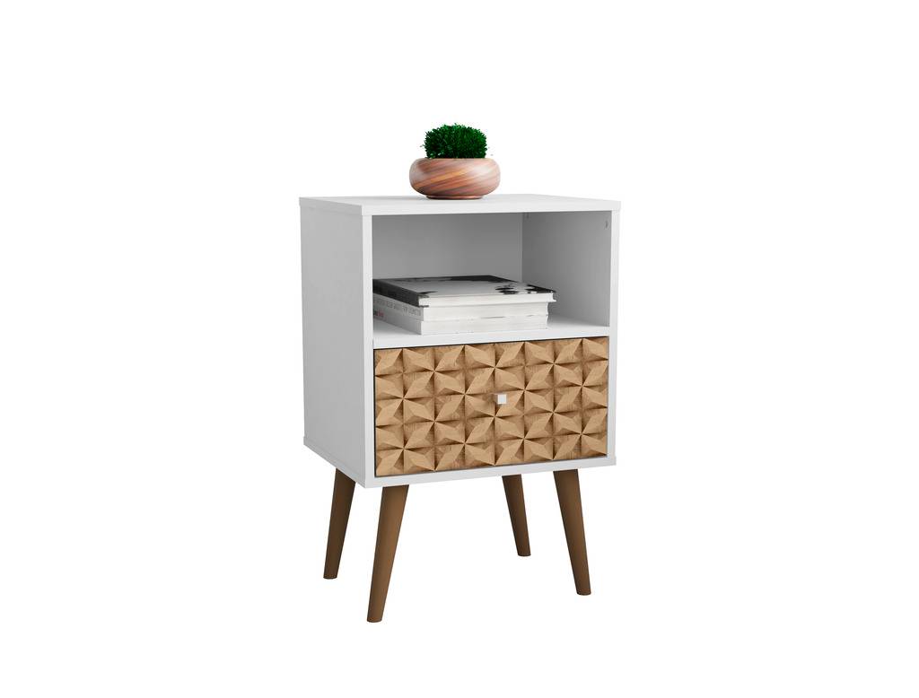 Liberty Mid-Century - Modern Nightstand 1.0 with 1 Cubby Space & 1 Drawer, White & 3D Brown Prints