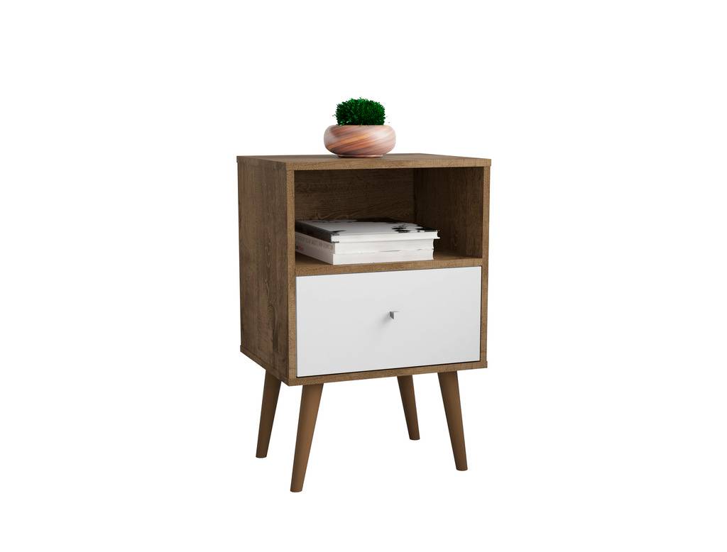 Liberty Mid-Century - Modern Nightstand 1.0 with 1 Cubby Space & 1 Drawer, Rustic Brown & White