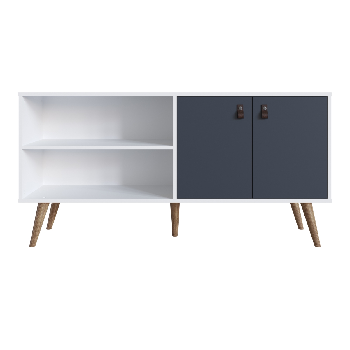 308GFX3 53.7 x 15.3 x 26.8 in. Amber Mid-Century Modern Eucalyptus Wood TV Stand, Blue & White