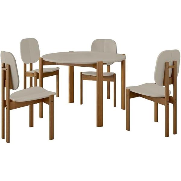 4-DT-82705-OW 46.54 x 46.54 x 36.02 in. Gales Mid-Century Modern MDF & Wood Dining Set, Greige - 13 Piece
