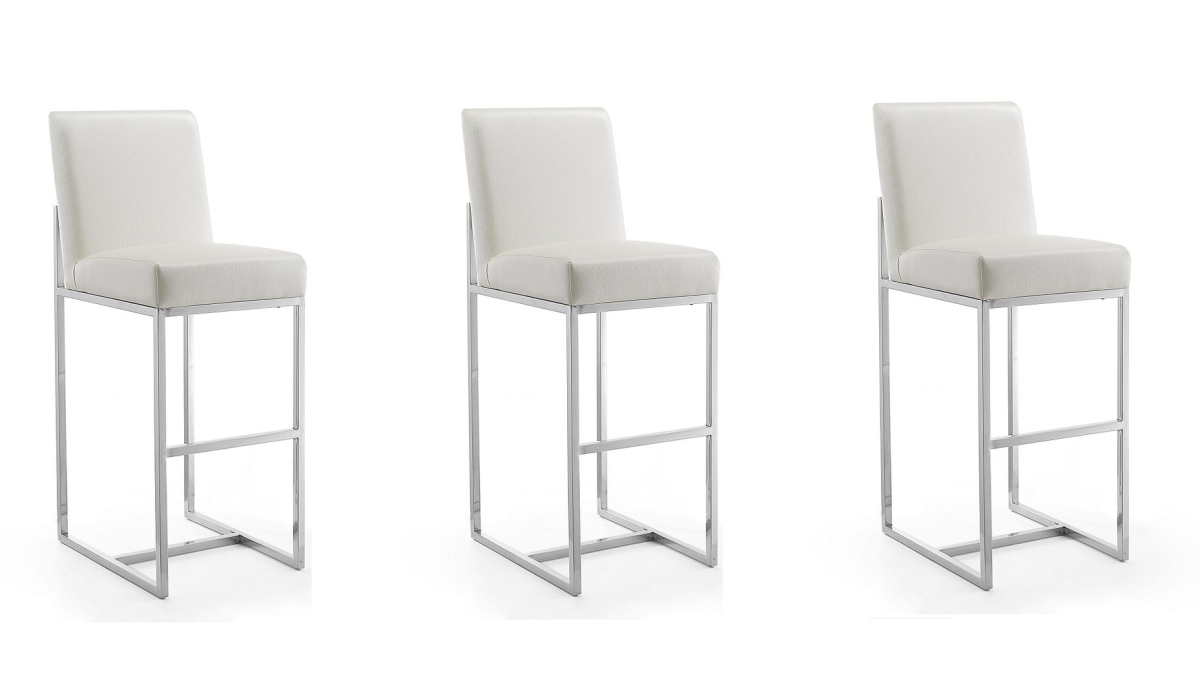 3-BS010-PW Element Pearl White & Polished Chrome Stainless Steel Bar Stool, 42.13 x 16.34 x 21.3 in. - Set of 3
