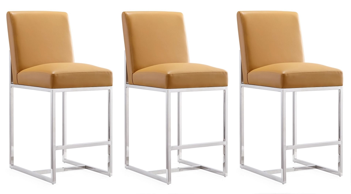 3-CS003-CL Element Camel & Polished Chrome Stainless Steel Counter Height Bar Stool, 37.2 x 16.34 x 21.3 in. - Set of 3