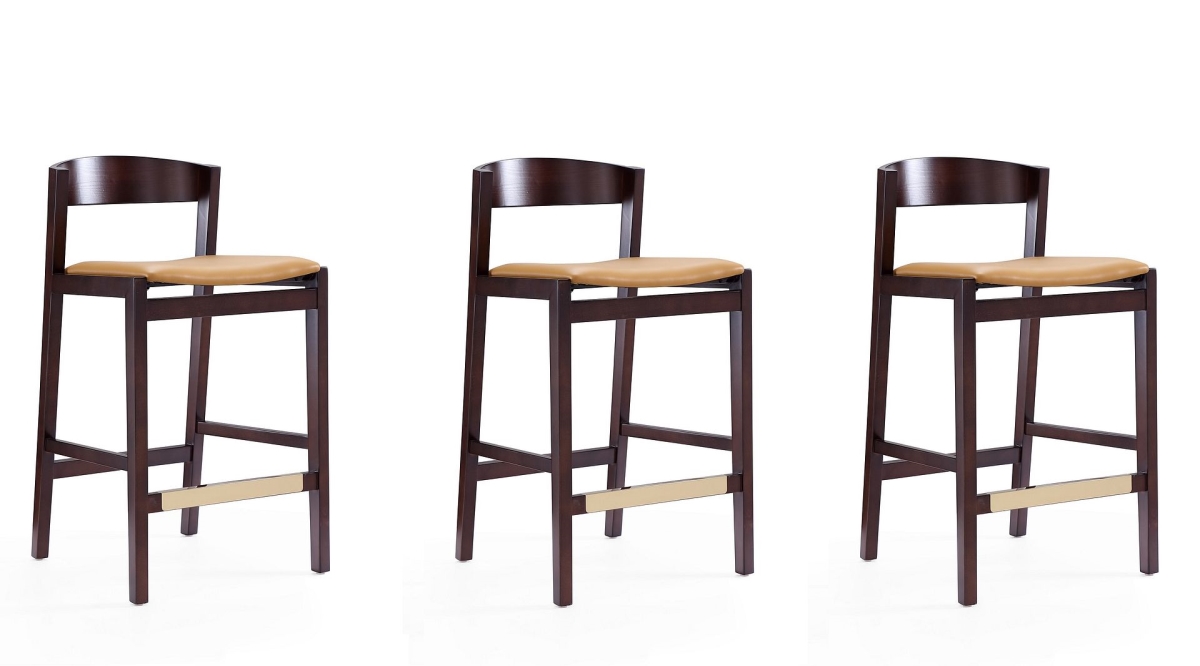 Klismos Camel & Dark Walnut Beech Wood Counter Height Bar Stool, 36.75 x 20 x 20.5 in. - Set of 3