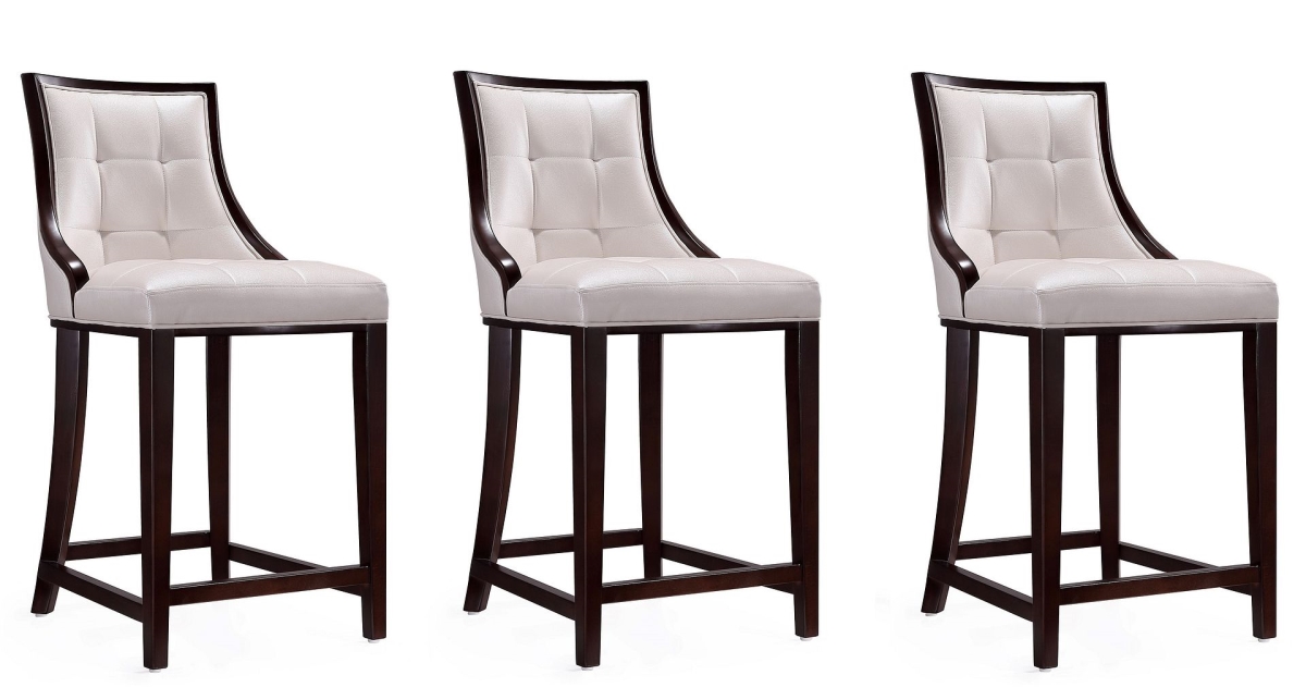 3-CS012-PW Fifth Ave Pearl White & Walnut Beech Wood Counter Height Bar Stool, 39.5 x 19 x 22.5 in. - Set of 3