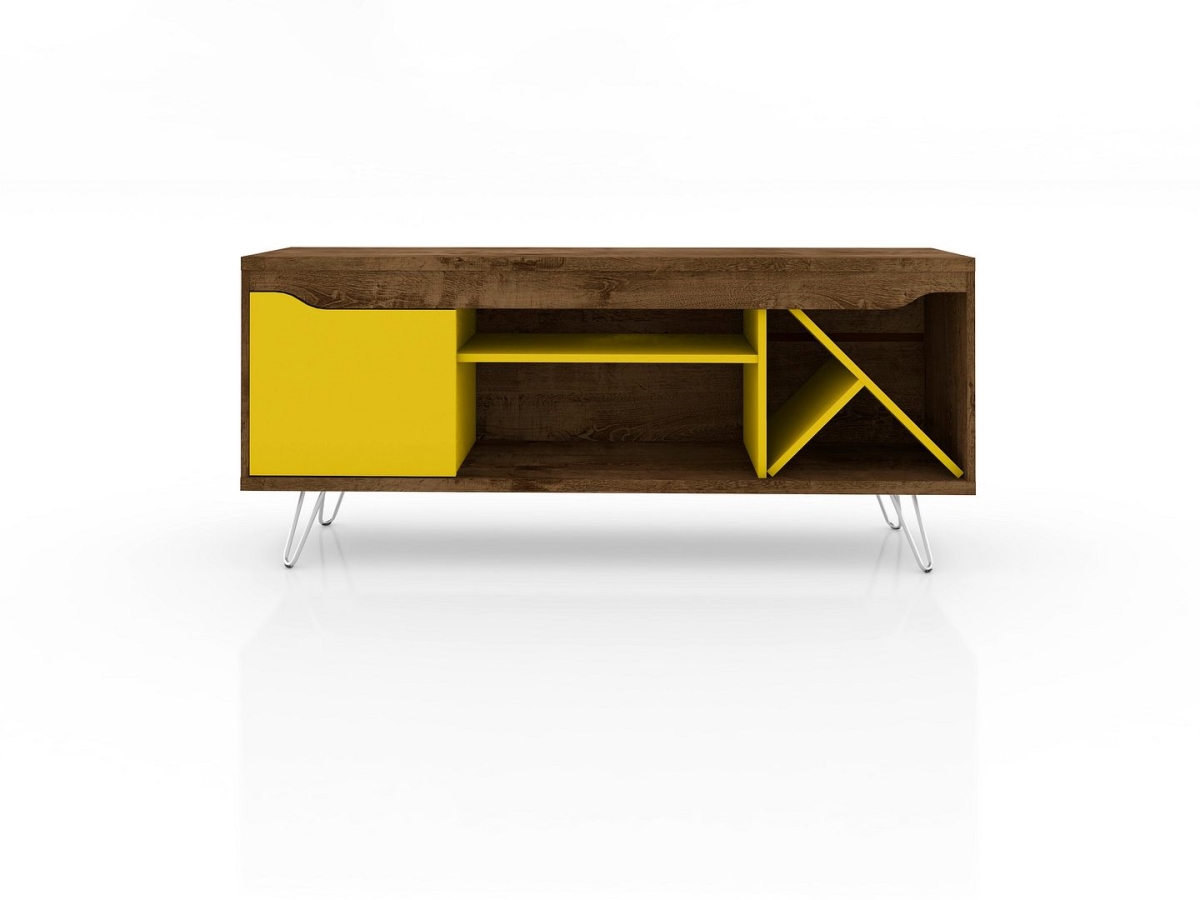 216BMC94 Baxter Mid-Century- Modern TV Stand with Wine Rack in Rustic Brown & Yellow, 23.03 x 53.54 x 14.17 in.