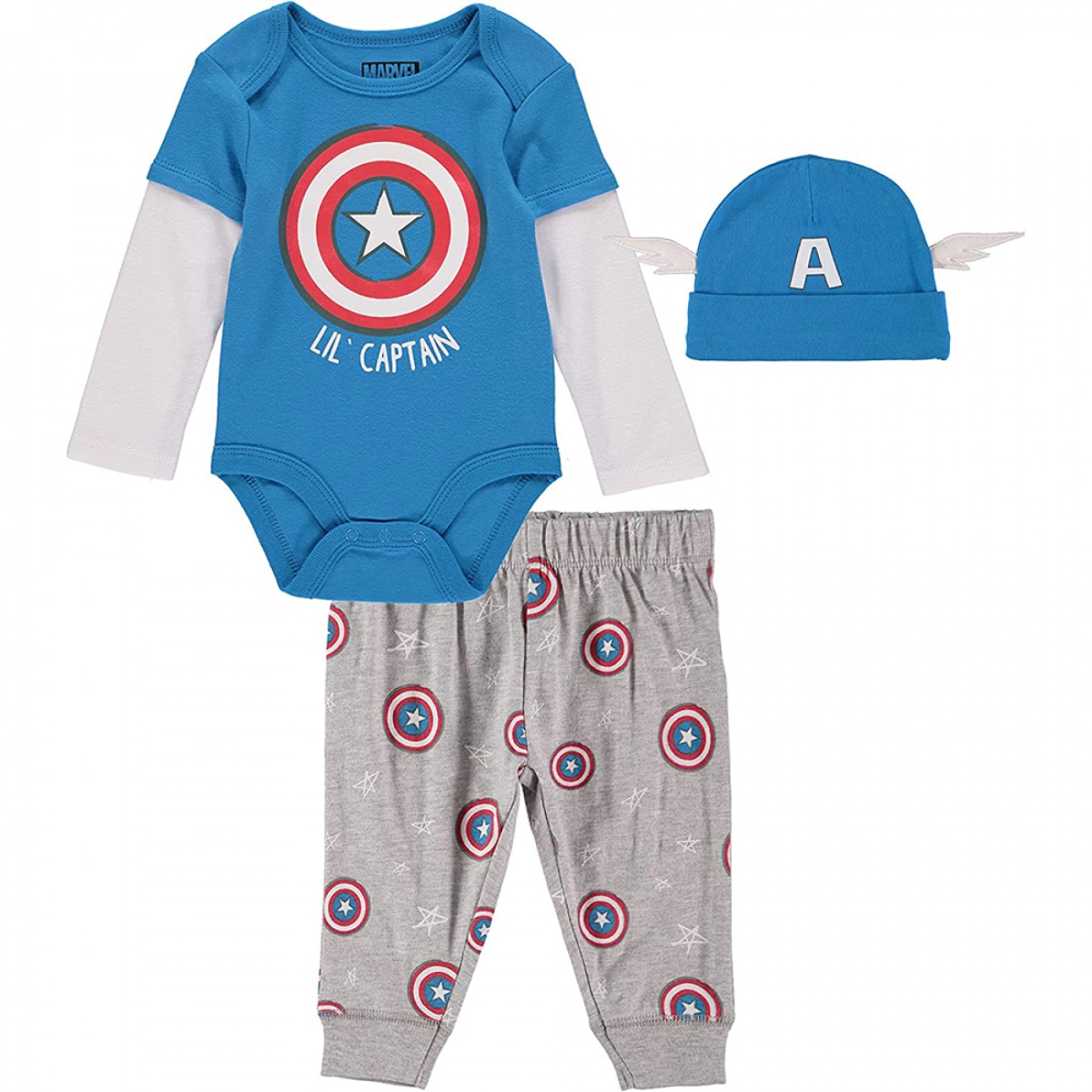 Picture of Captain America 828577-0-3months Marvel Infant Bodysuit Pant & Hat Set&#44; 0-3 Months - 3 Piece