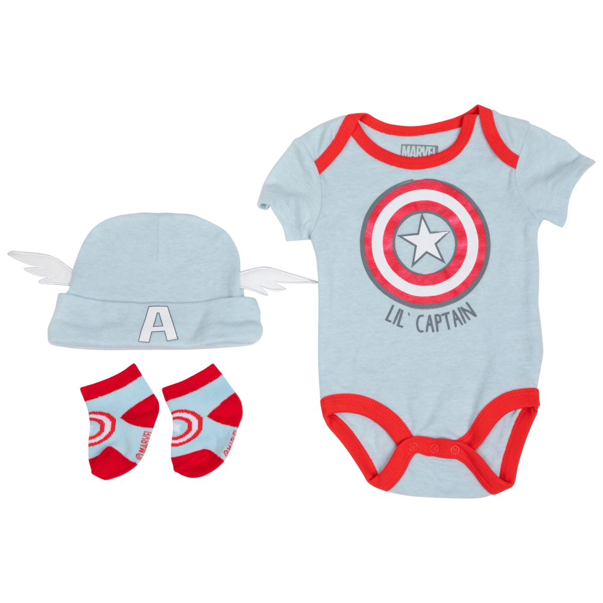 Picture of Captain America 828615-0-3months Marvel Lil Shield Costume Infant Bodysuit Set&#44; 0-3 Months - 3 Piece