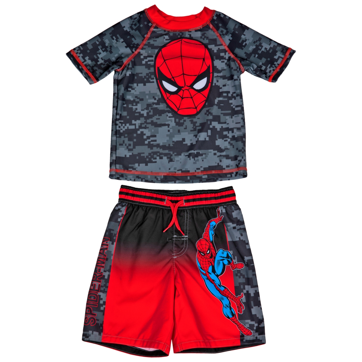 Picture of Spider-Man 829854-size4 Spider-Man Face Logo with Camo Youth Swimshorts & Rashguard Set - Size 4
