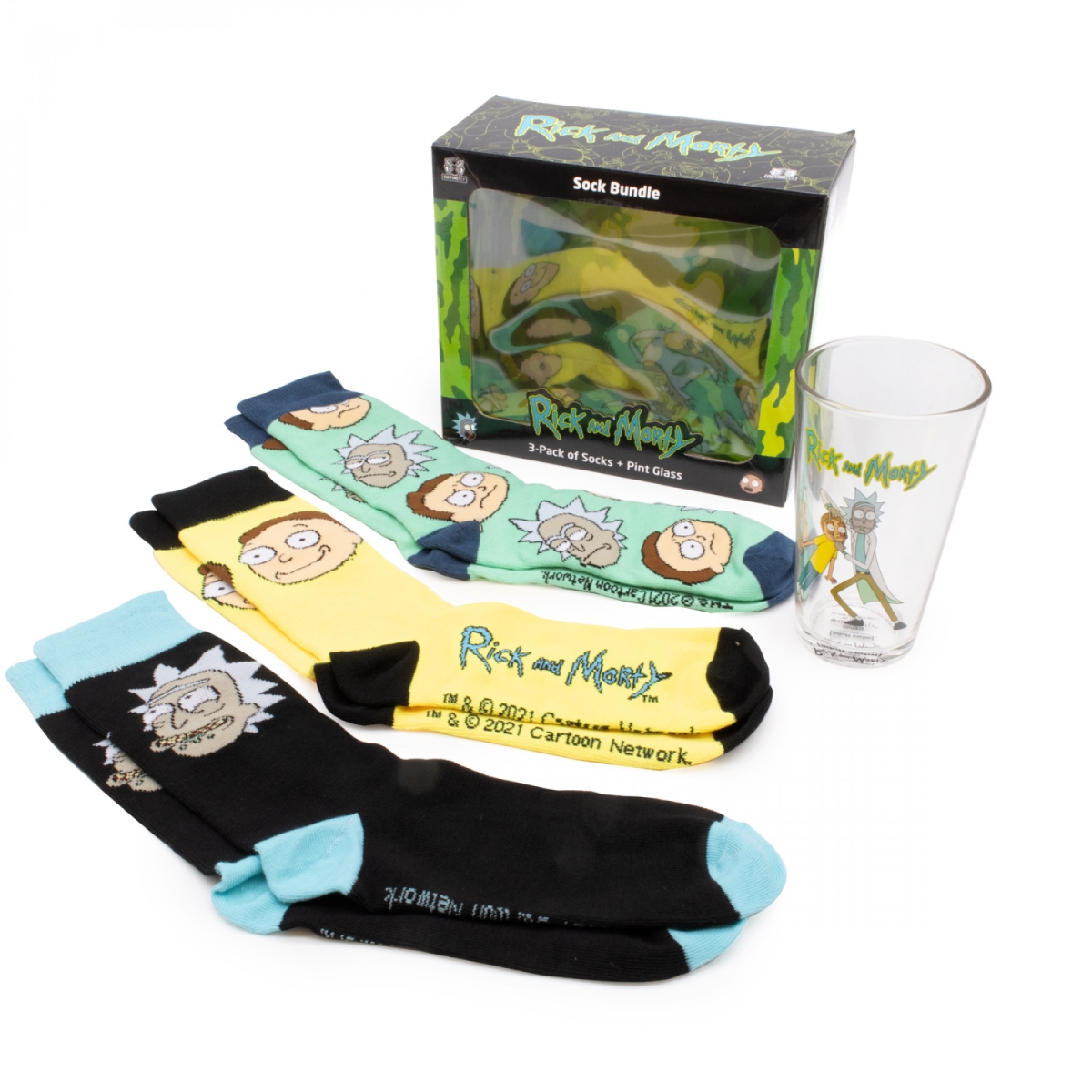 Picture of Rick & Morty 851708 Rick & Morty Pack of Crew Socks & Pint Gift Set&#44; Set of 6