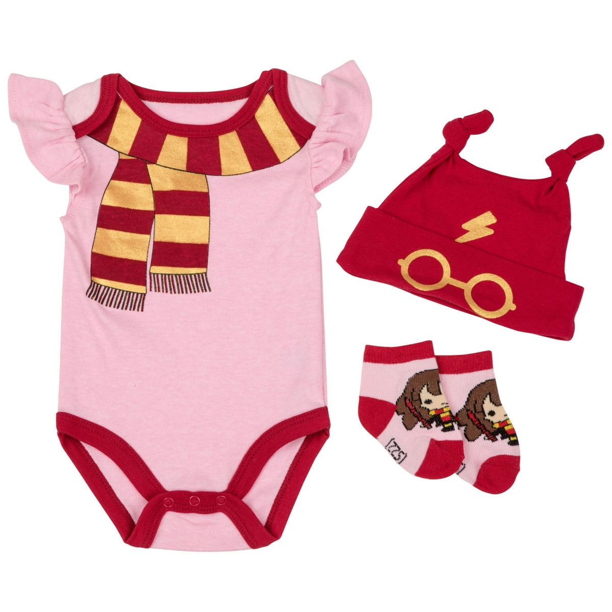 Picture of Harry Potter 866288-0-3months School Uniform Infant Bodysuit Set with Cap&#44; Red&#44; Pink & Yellow - 0-3 Months - 3 Piece