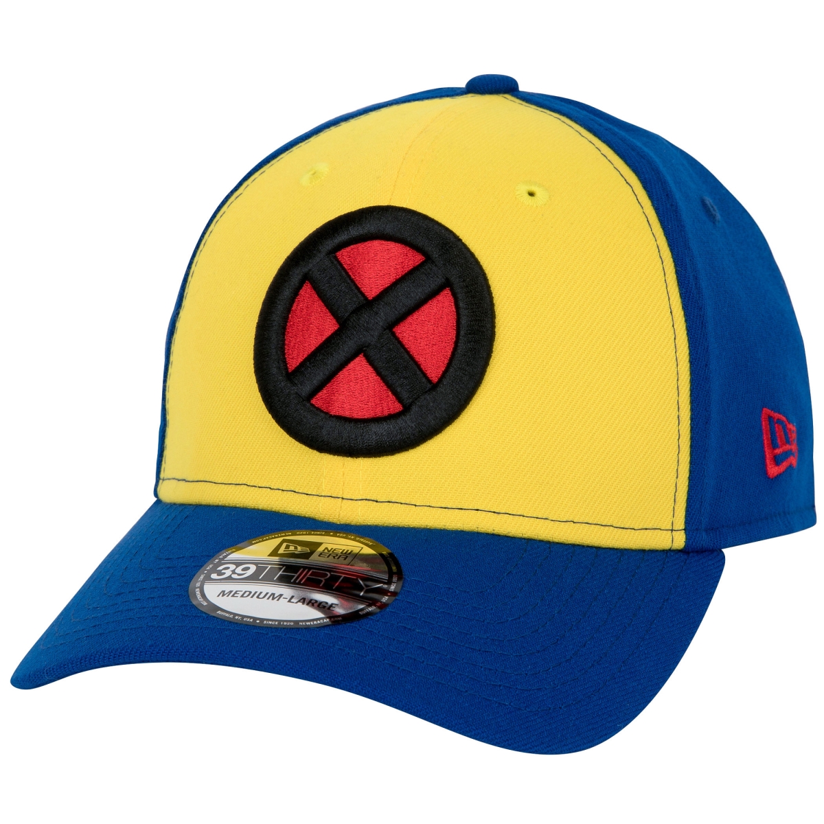 Picture of X-Men 865860-large-xla X-Men Symbol Wolverine Two-Tone Colorway   Era 39Thirty Fitted Hat&#44; Yellow & Blue - Large & Extra Large