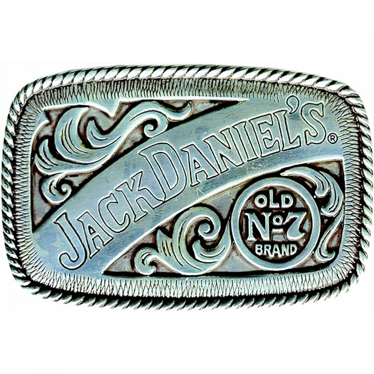 870727  Ornate Rectangular Logo Belt Buckle, Silver
