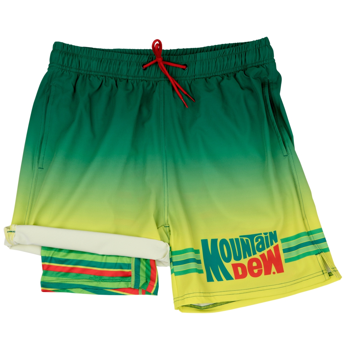 Picture of Soda Brands 866826-xlarge-40 Mountain Dew Retro Logo 6 in. Inseam Lined Swim Trunks&#44; Green - Extra Large - 40-42