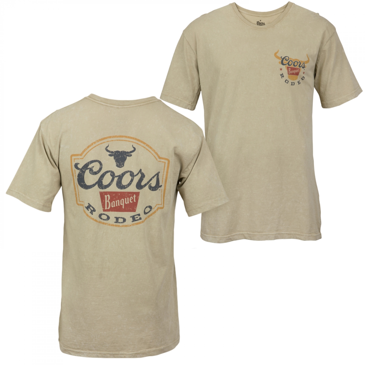 Banquet Rodeo Logo Distressed Front & Back T-Shirt, Tan - Medium