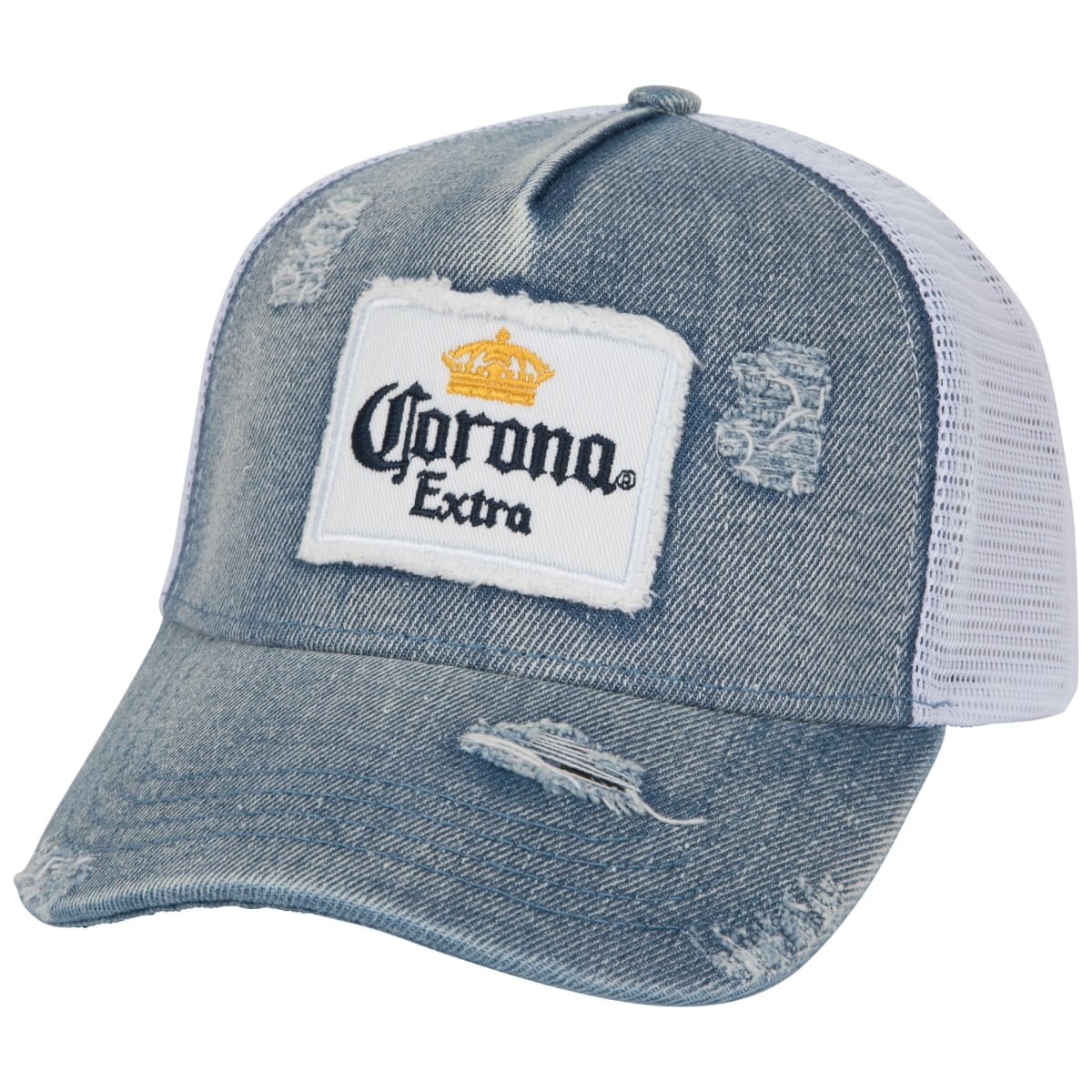862483  Label Patch Distressed Light Denim Adjustable Hat, Blue & White