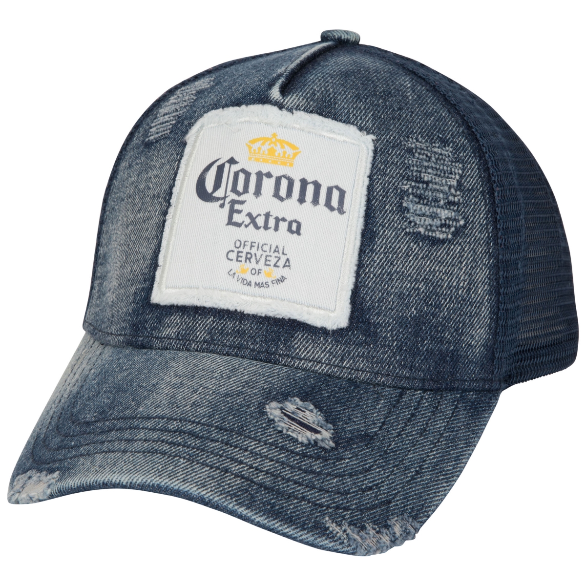 862484  Label Patch Distressed Dark Denim Adjustable Hat, Blue
