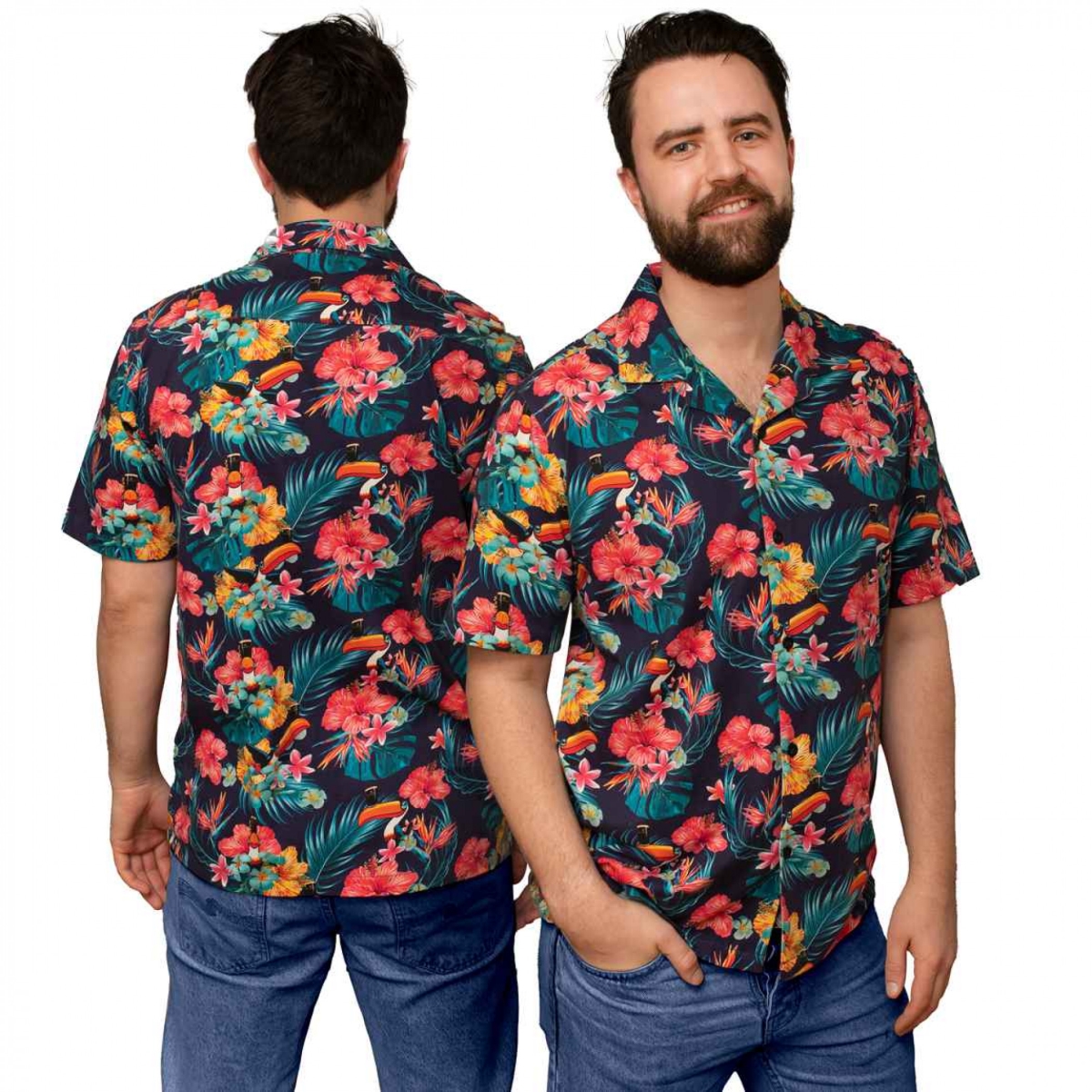 871634-small Men Toucan Floral Hawaiian Short Sleeve Shirt, Multi Color - Small