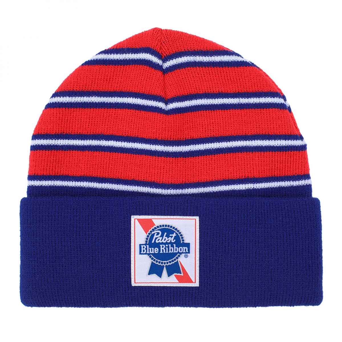 871811  Striped Cuff Beanie, Red & Blue