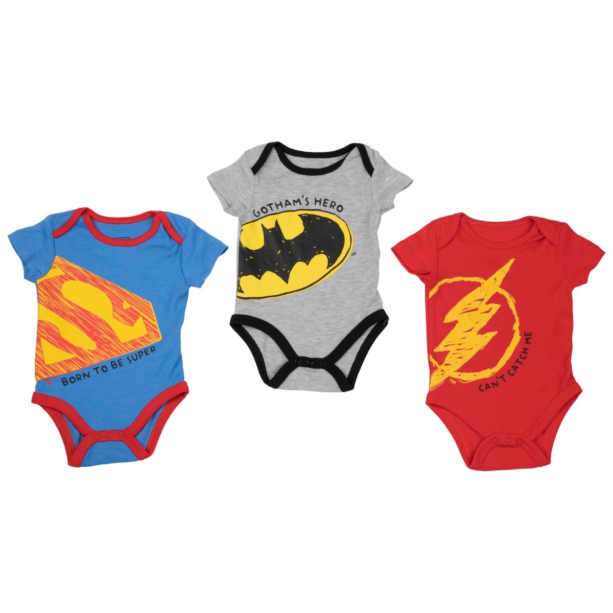 871045-6-9months  Superman Batman & Flash Infant Bodysuit Set - 6-9 Months - Pack of 3