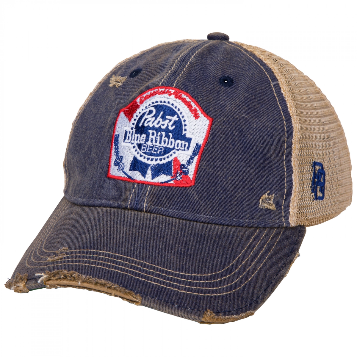 Picture of Pabst Blue Ribbon 872564 Pabst Blue Ribbon Logo Distressed Denim Trucker Hat&#44; Blue & Tan
