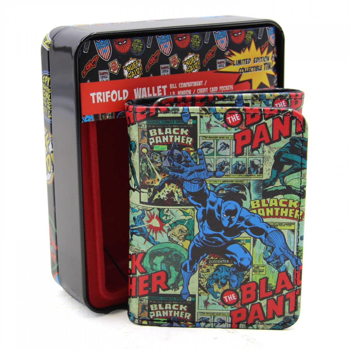 Picture of Black Panther 870089 Black Panther Pounce Comic Covers Trifold Wallet in Collectors Tin