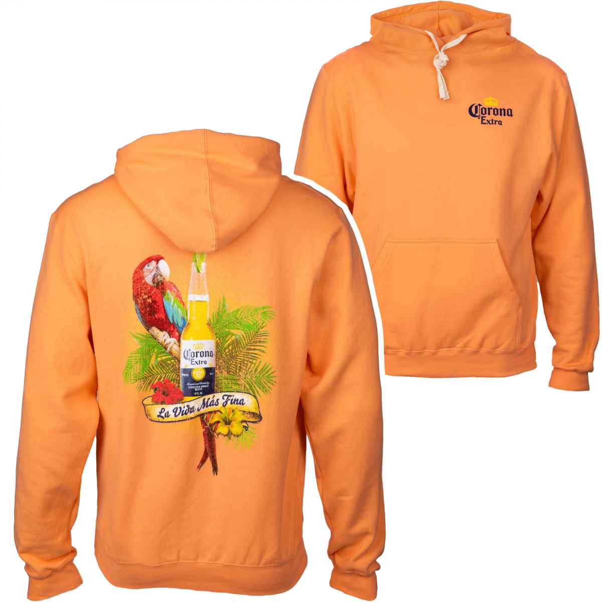 Parrot La Vida Mas Fina Front & Back Pullover Hoodie, Orange - Medium