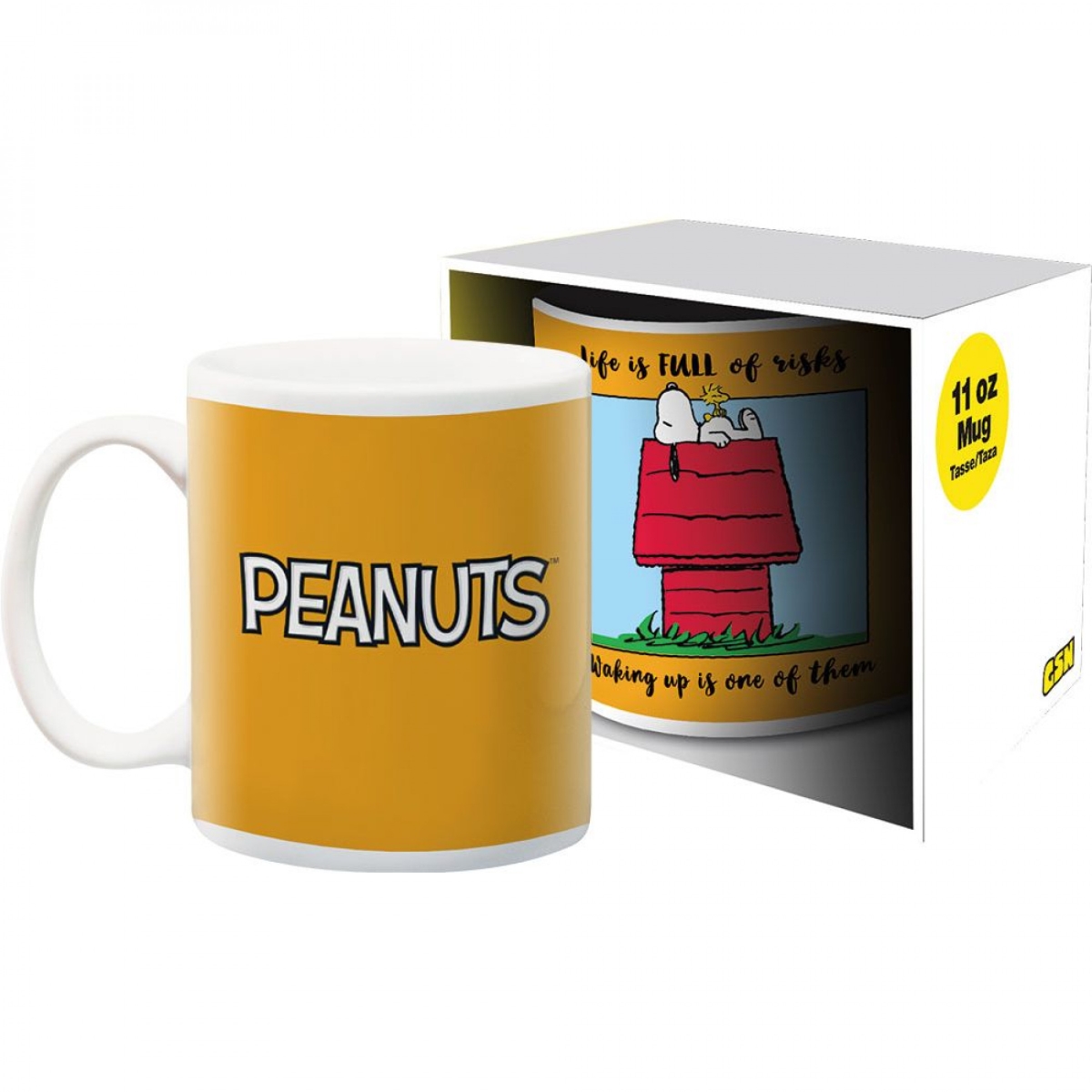 Picture of Peanuts 875255 11 oz Peanuts Life is Full of Risks Ceramic Mug, White & Orange