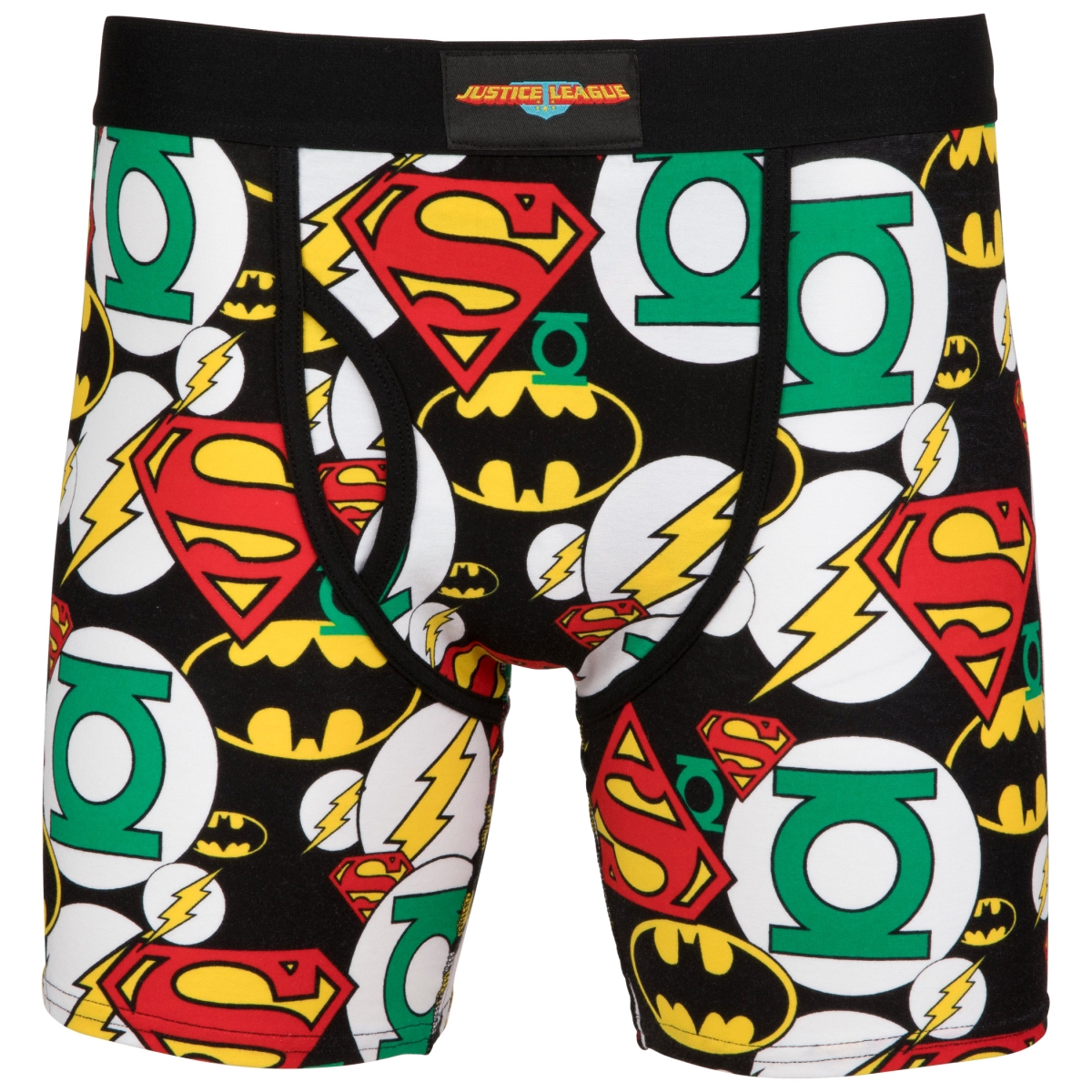 Picture of Justice League 808830-large-36-38 Justice League Symbols All Over Print Boxers Briefs&#44; Black - Large 36-38