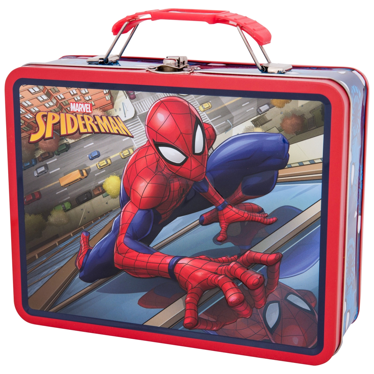 Picture of Spider-man 875064 Spider-Man Climbing Up The City Tin Lunchbox&#44; Red & Blue