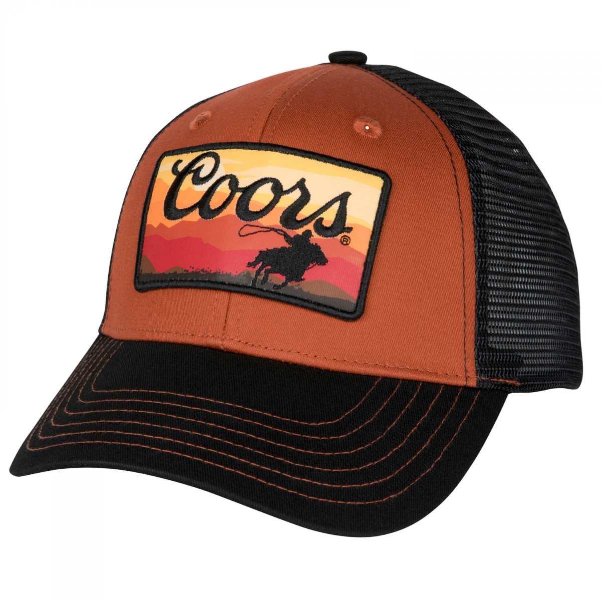 Western Sunset Patch Adjustable Trucker Hat, Black & Brown
