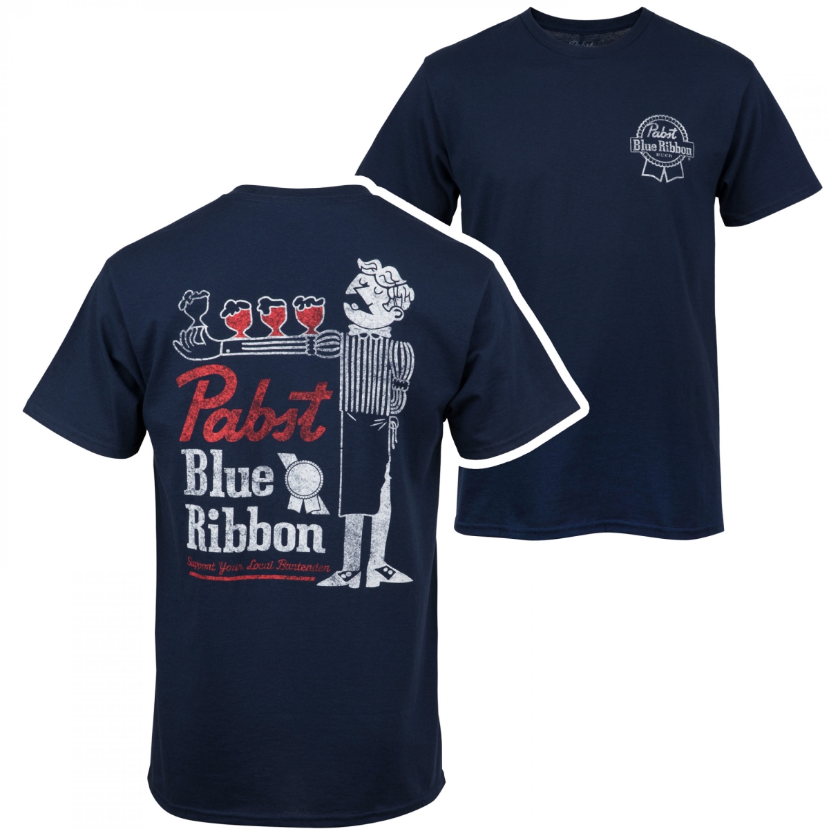 870738-medium Pabst Ribbon Support Bartenders Front & Back Print T-Shirt, Blue - Medium